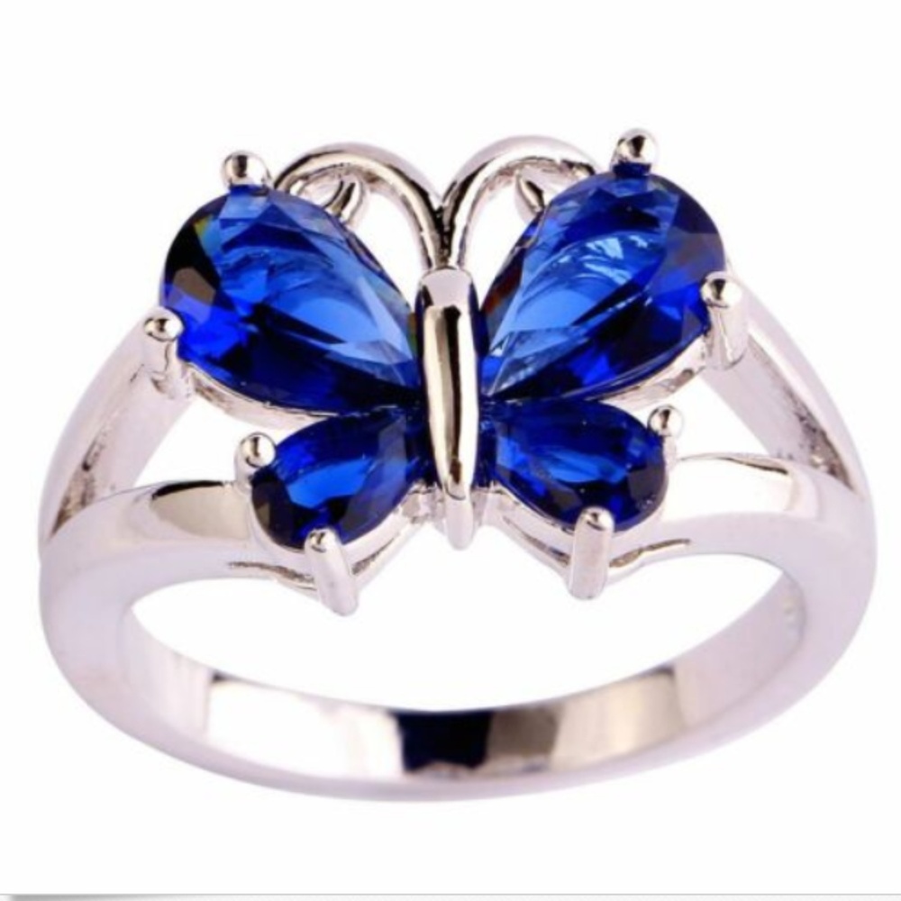 Silver Rhodium Plated Butterfly Cocktail Ring Size 10 11 Blue Cubic Zirconia